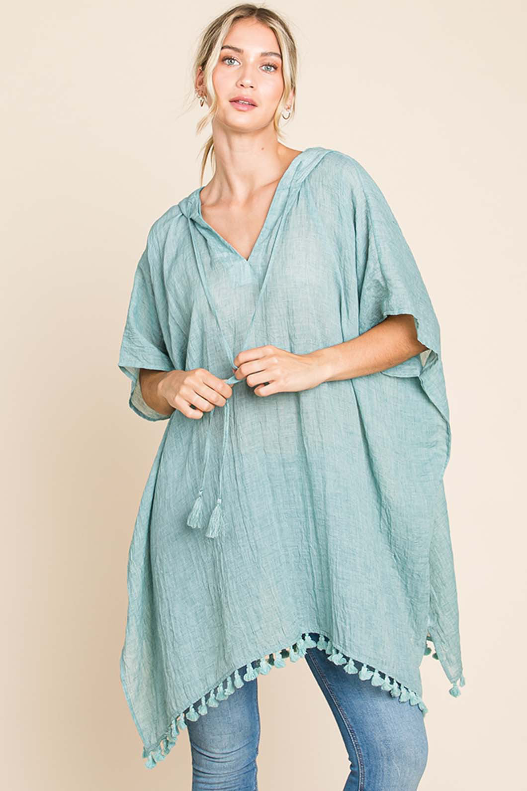 Cotton Bleu by Nu Label Kapuzen-Cover-up mit Fransenabschluss