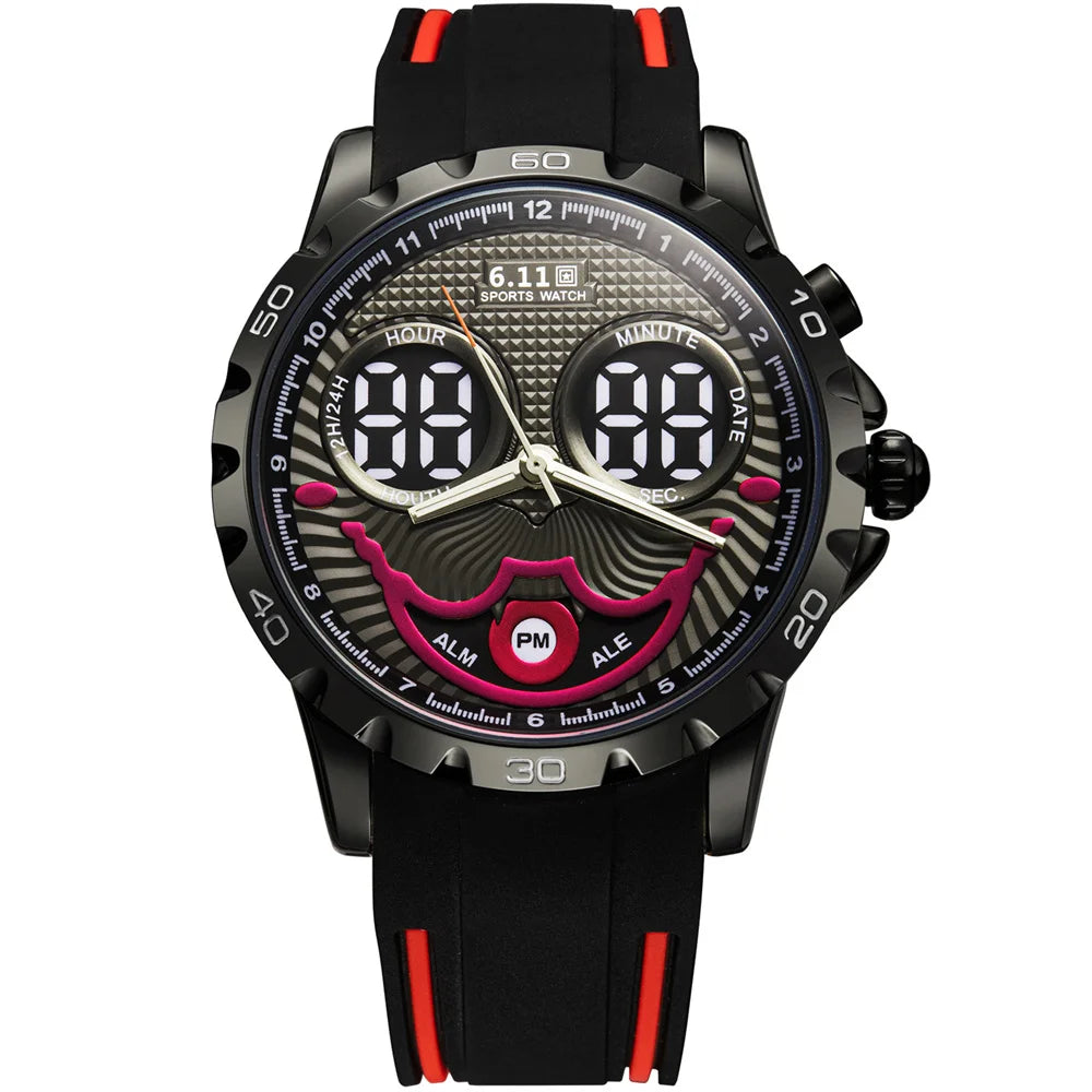 Neue coole Joker Digitaluhr für Herren Wasserdicht Elektronisch LED Blaues Licht Doppeldisplay Uhren Clown Zifferblatt Herren Sportuhr Geschenk