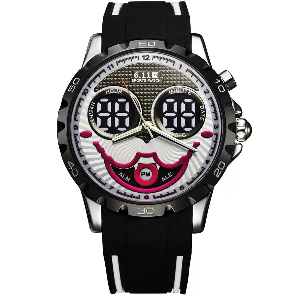 Neue coole Joker Digitaluhr für Herren Wasserdicht Elektronisch LED Blaues Licht Doppeldisplay Uhren Clown Zifferblatt Herren Sportuhr Geschenk