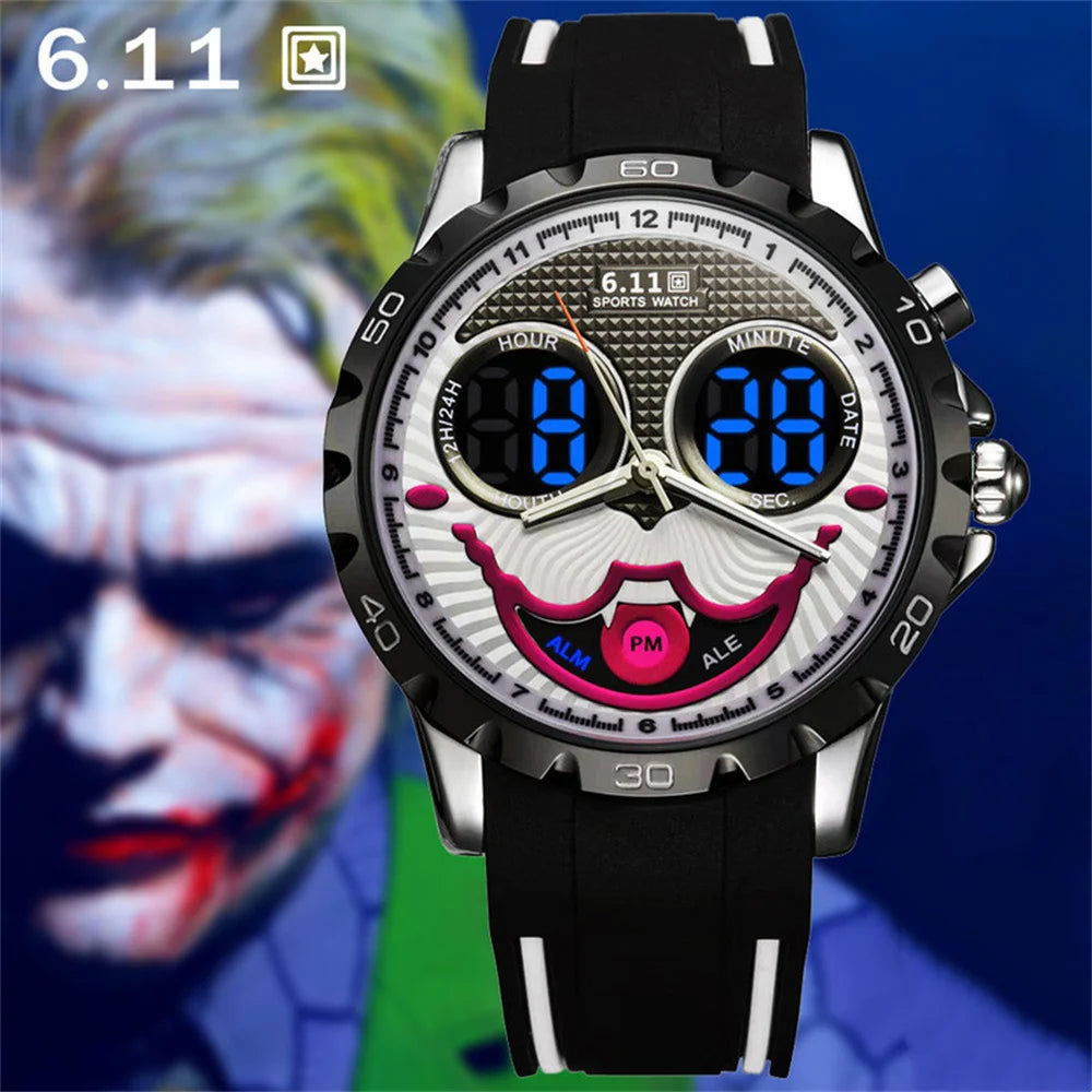 Neue coole Joker Digitaluhr für Herren Wasserdicht Elektronisch LED Blaues Licht Doppeldisplay Uhren Clown Zifferblatt Herren Sportuhr Geschenk