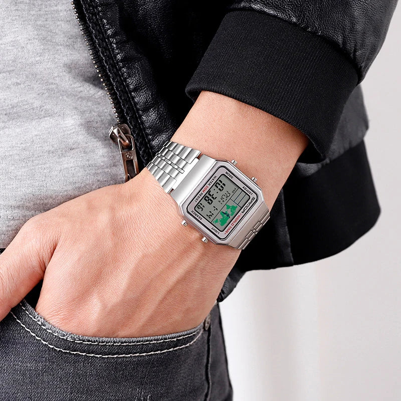 Reloj para Hombre UTHAI L18 Retro Negocios 50m Impermeable Multifunción Reloj Electrónico Tecnología Negra Moda con Banda de Acero