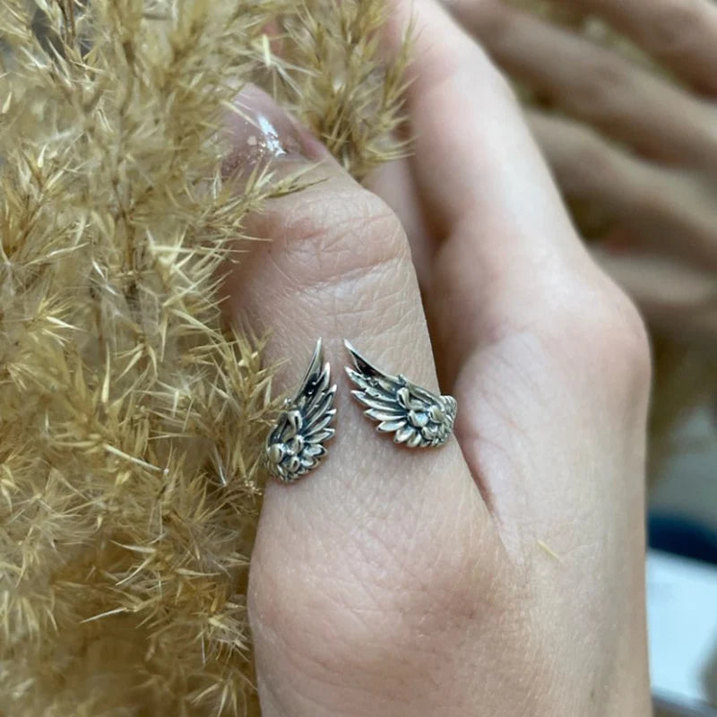 WOSTU真925纯银嘻哈复古情侣创意翅膀开口戒指，女士朋克风戒指派对珠宝生日礼物