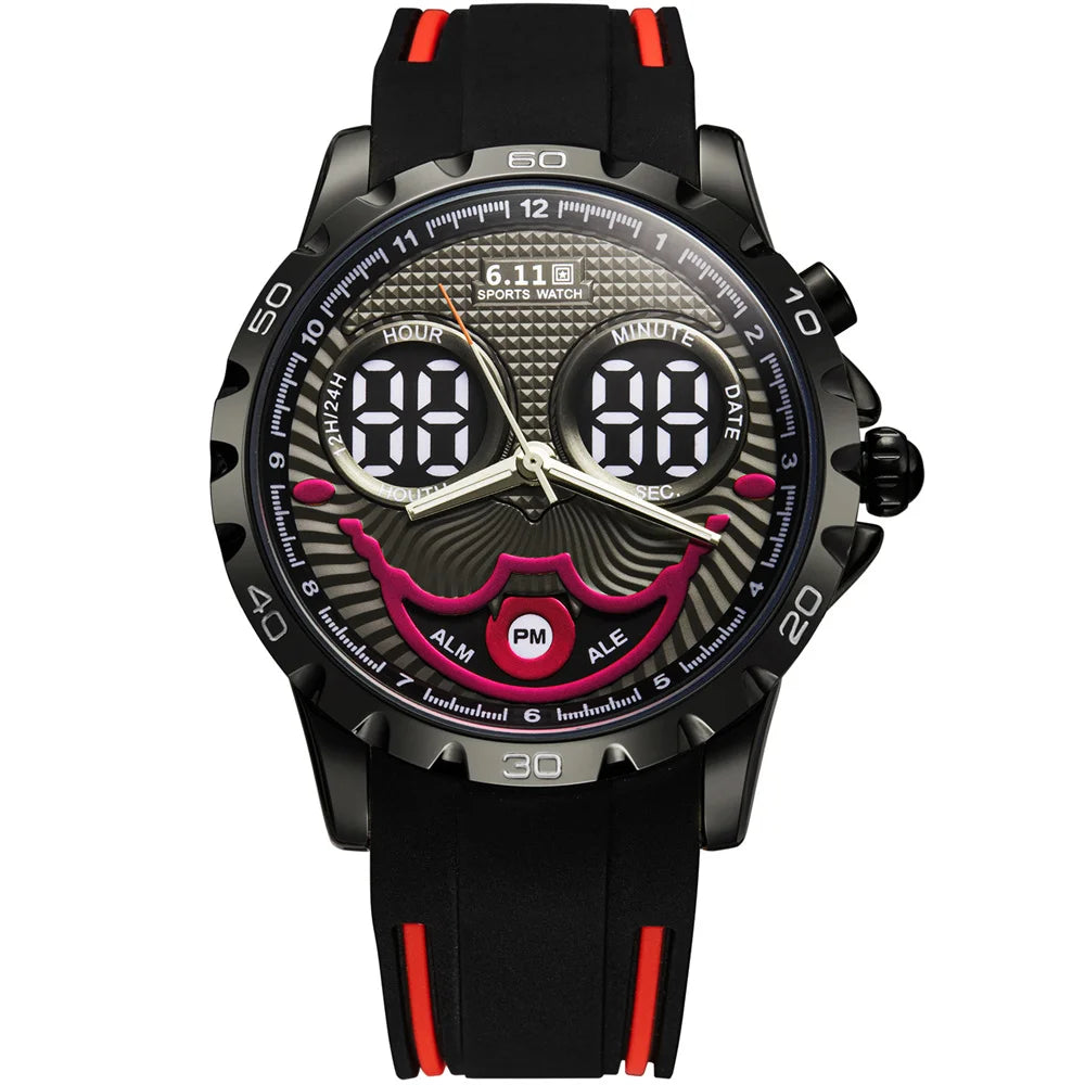 New Cool Joker Digital Watch for Men Waterproof Electronic LED Blue Light Dual Display Watches Clown Dial Mens Sports Watch Gift