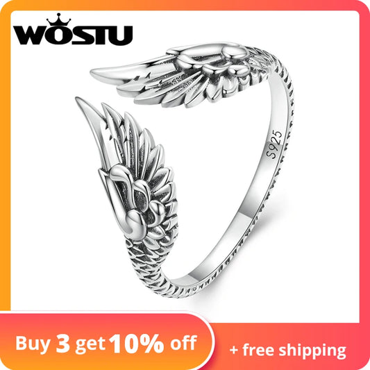 WOSTU Real 925 Sterling Silver Hip Hop Vintage Couples Creative Wings Open Rings For Women Punk Ring Party Jewelry Birthday Gift